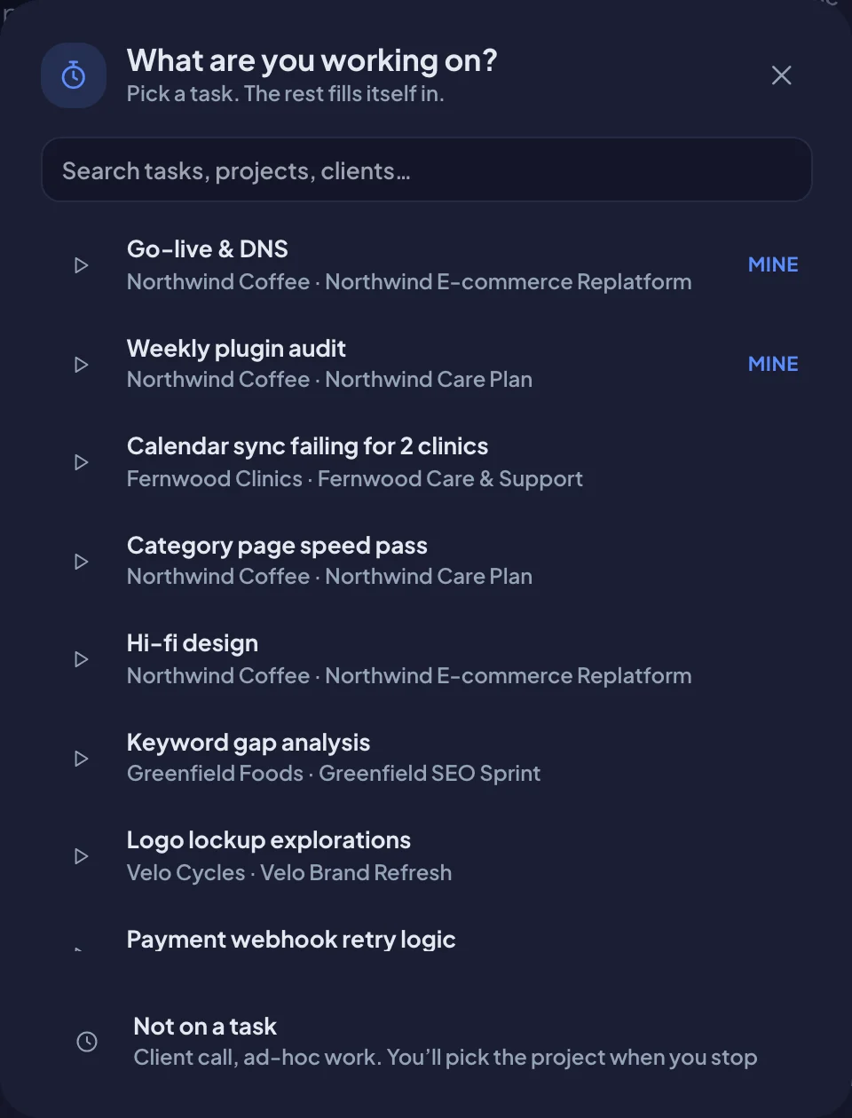 The timer picker: What are you working on? (dark mode)
