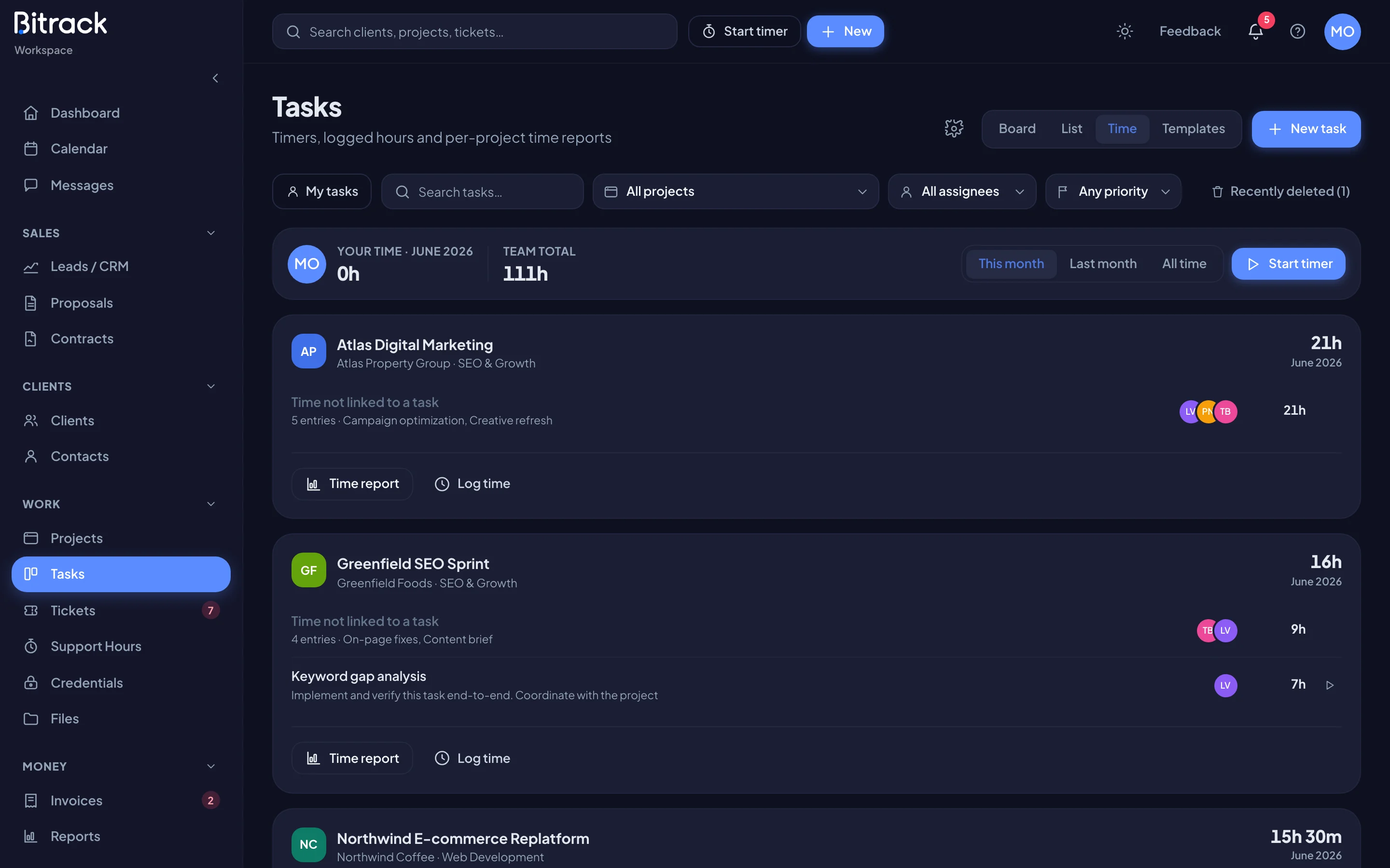 The Time view, with your time, the team total and one card per project (dark mode)