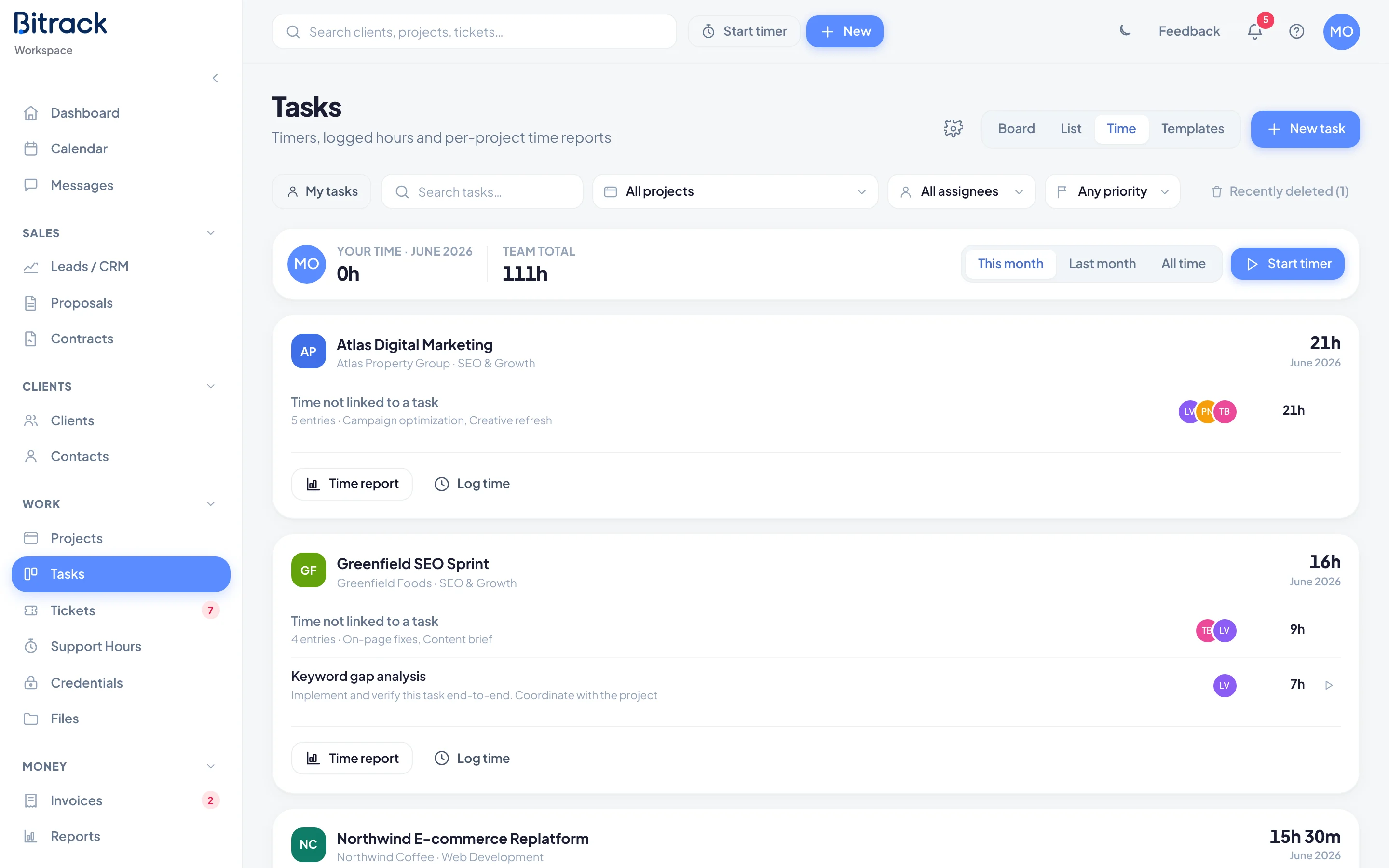 The Time view, with your time, the team total and one card per project