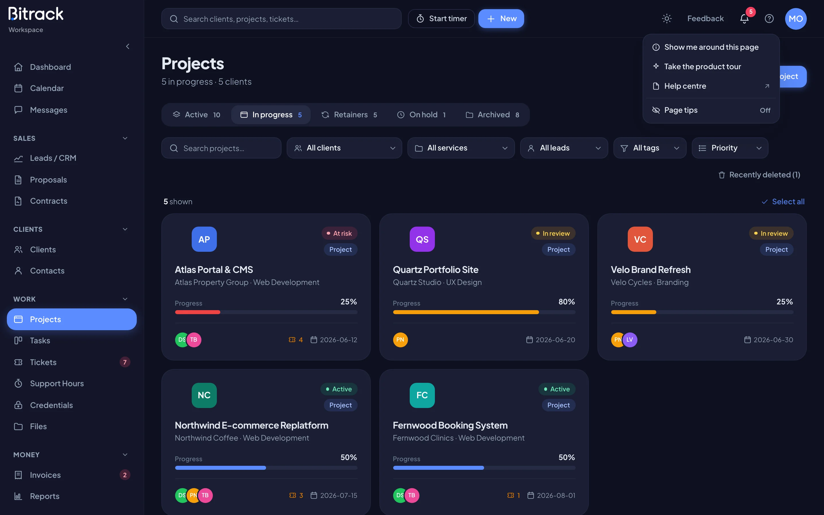The help menu open, with Show me around this page, Take the product tour and Page tips (dark mode)