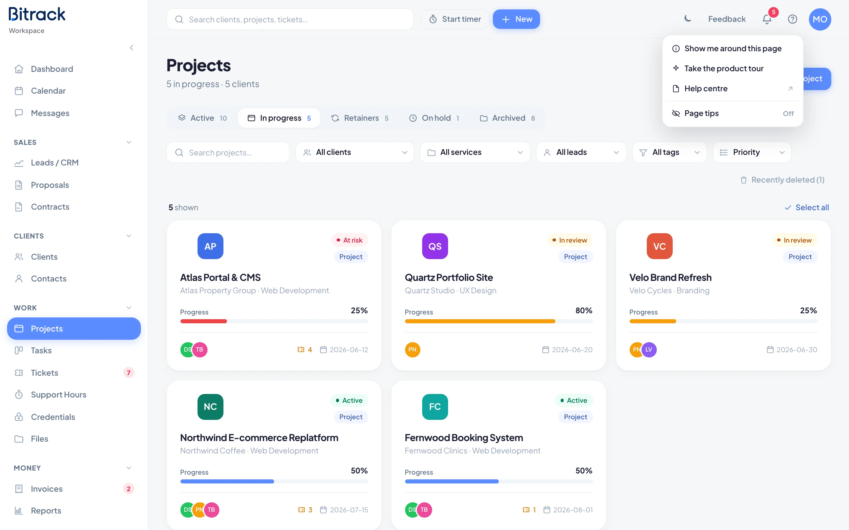 The help menu open, with Show me around this page, Take the product tour and Page tips