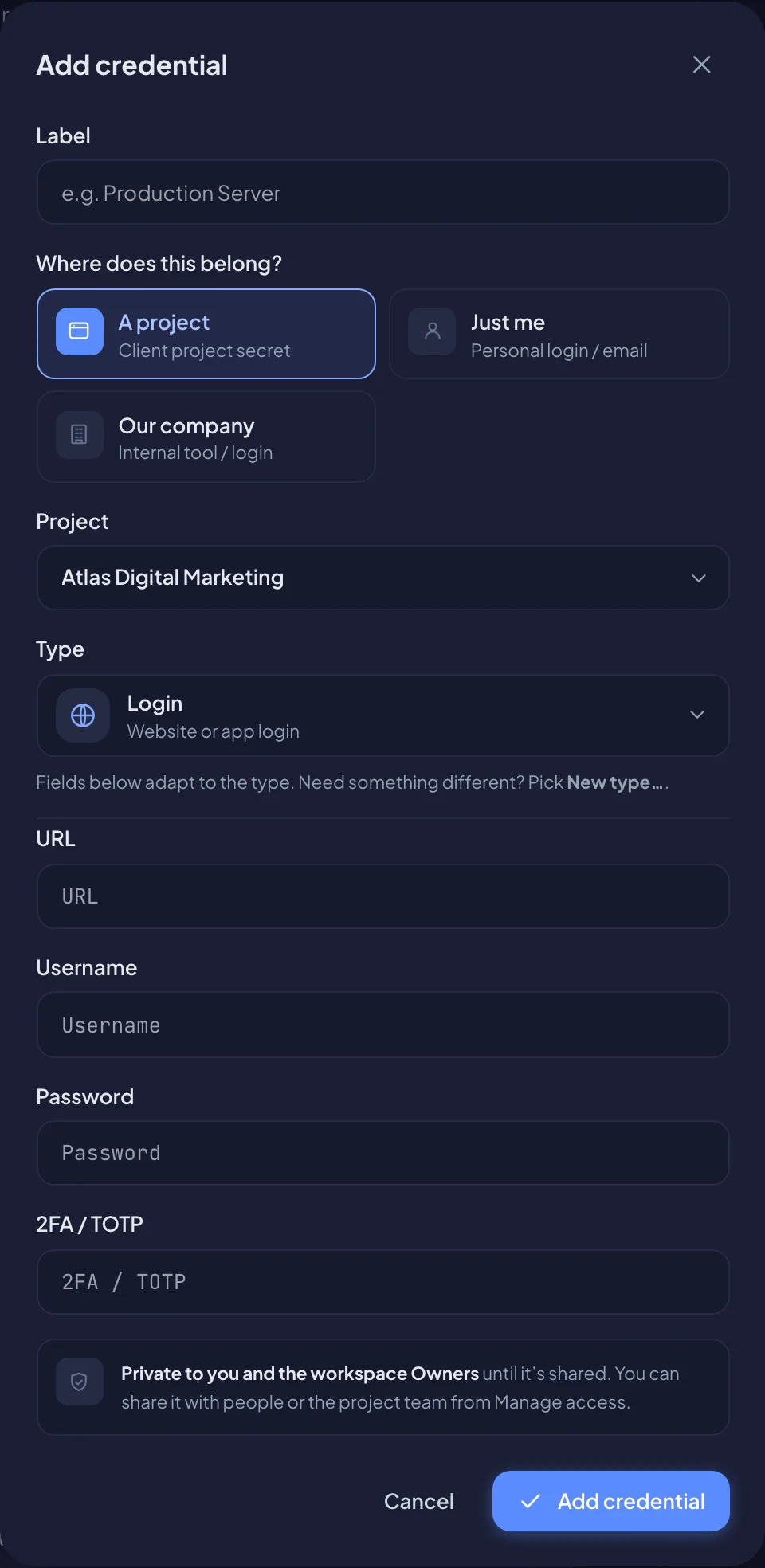 Adding a credential, with the scope, type and fields (dark mode)