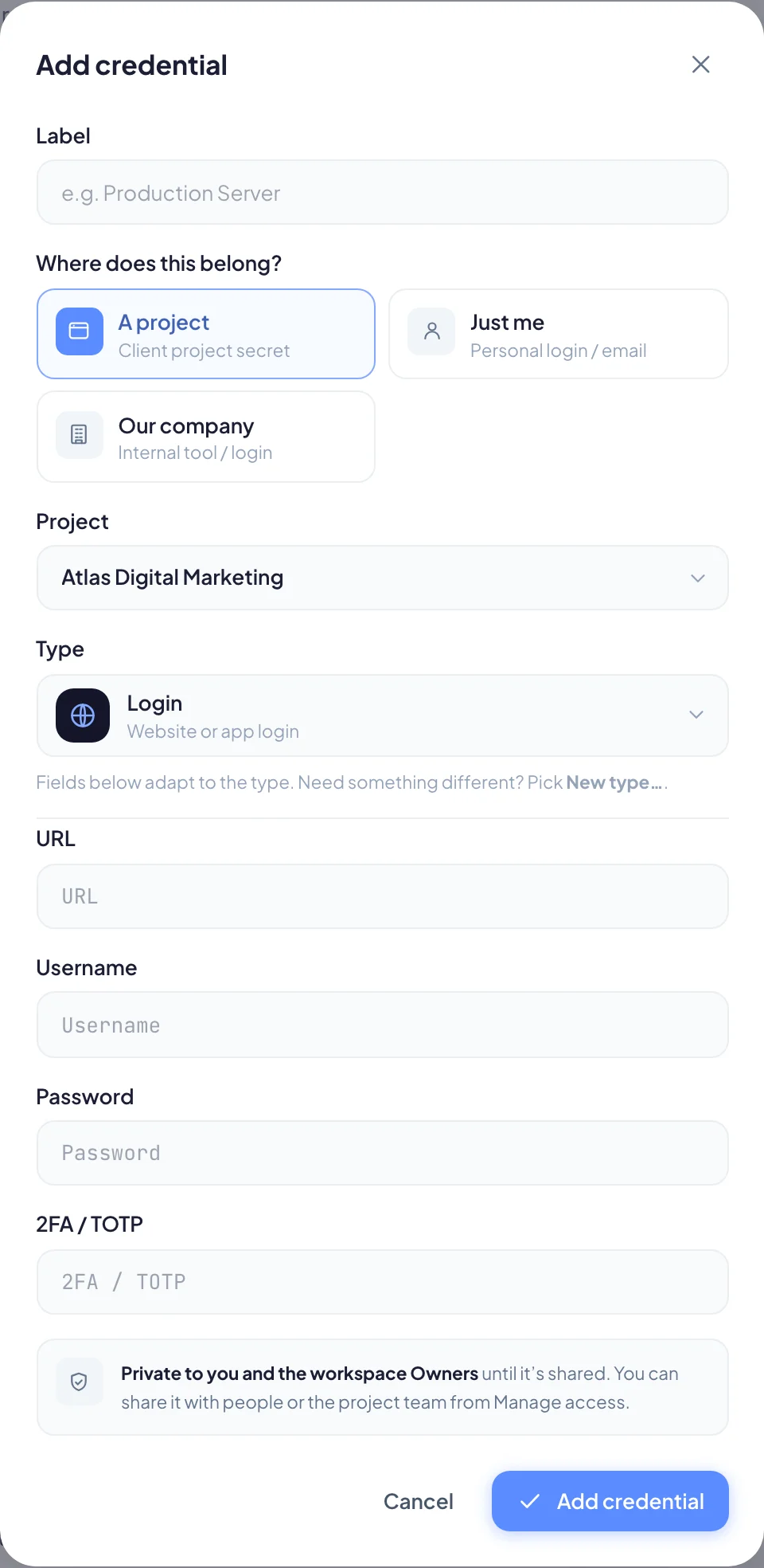 Adding a credential, with the scope, type and fields