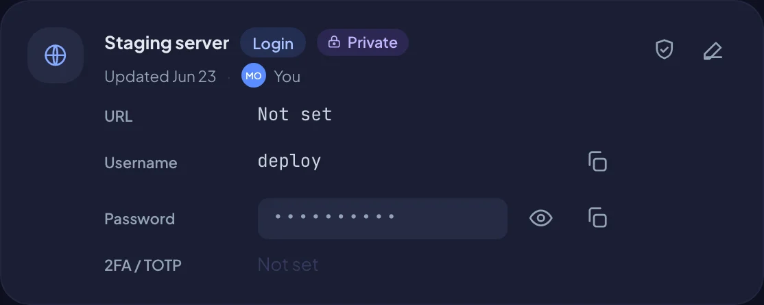 A credential card, with its fields and the reveal and copy buttons (dark mode)