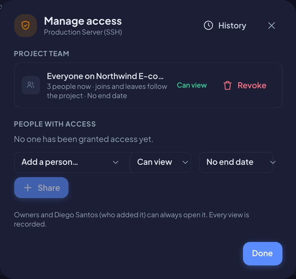 Manage access, with the project team and people with access (dark mode)
