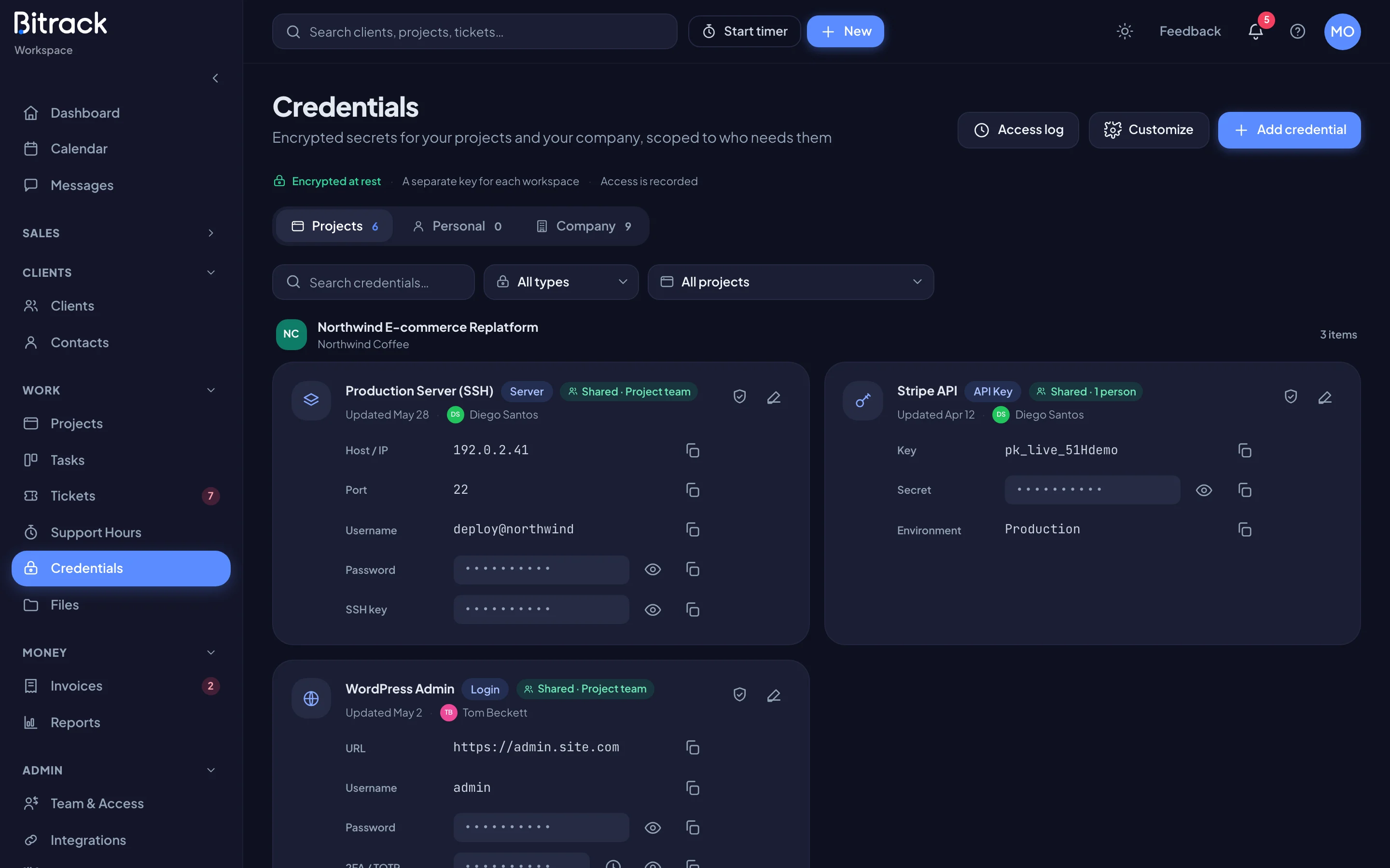The Credentials page, with the Projects, Personal and Company tabs (dark mode)