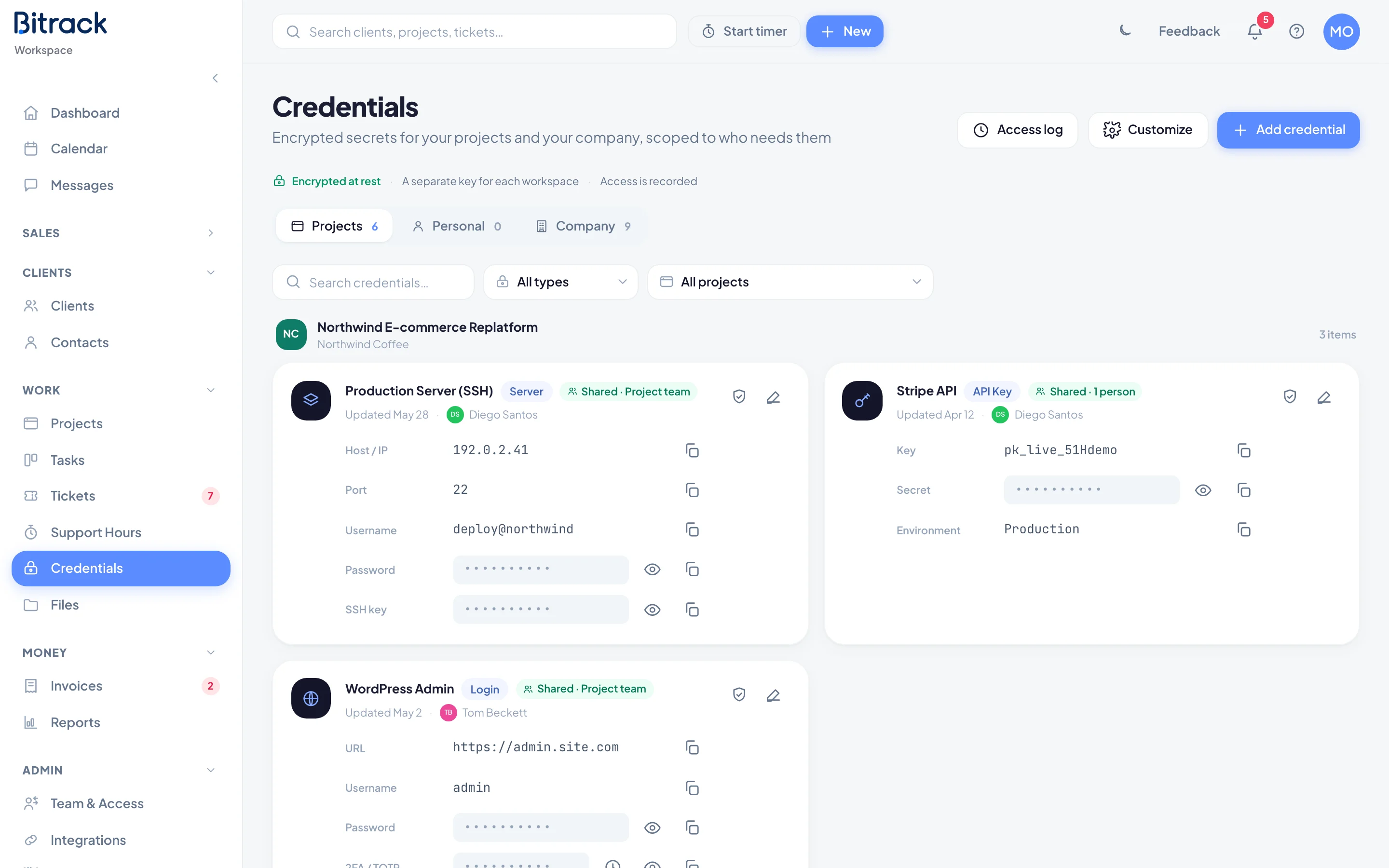 The Credentials page, with the Projects, Personal and Company tabs