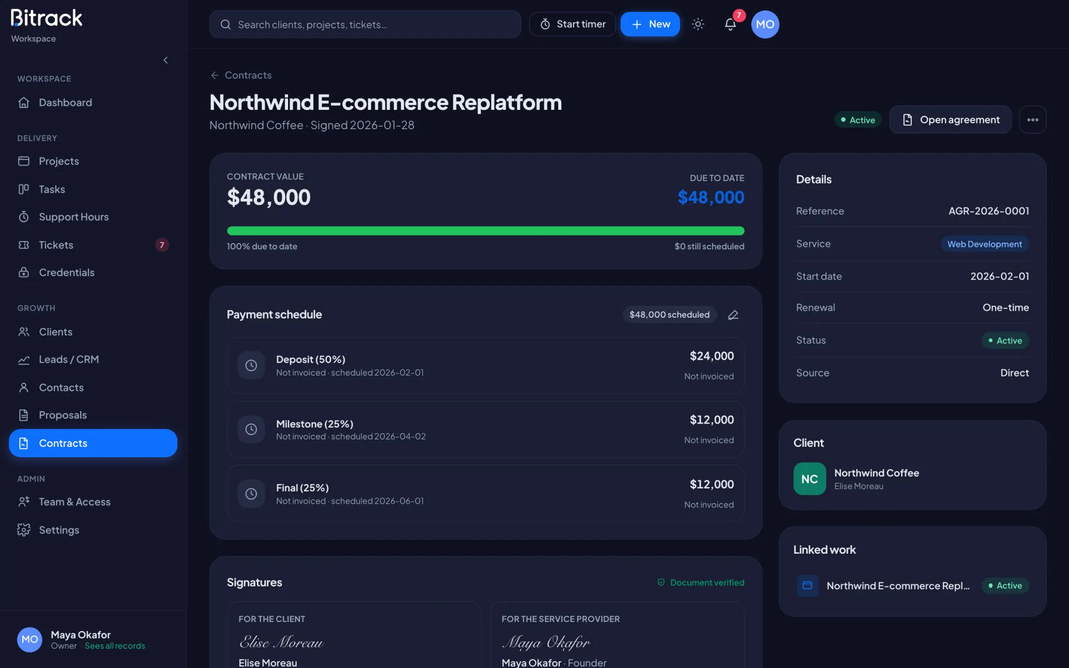 Bitrack contracts & e-signature in dark mode