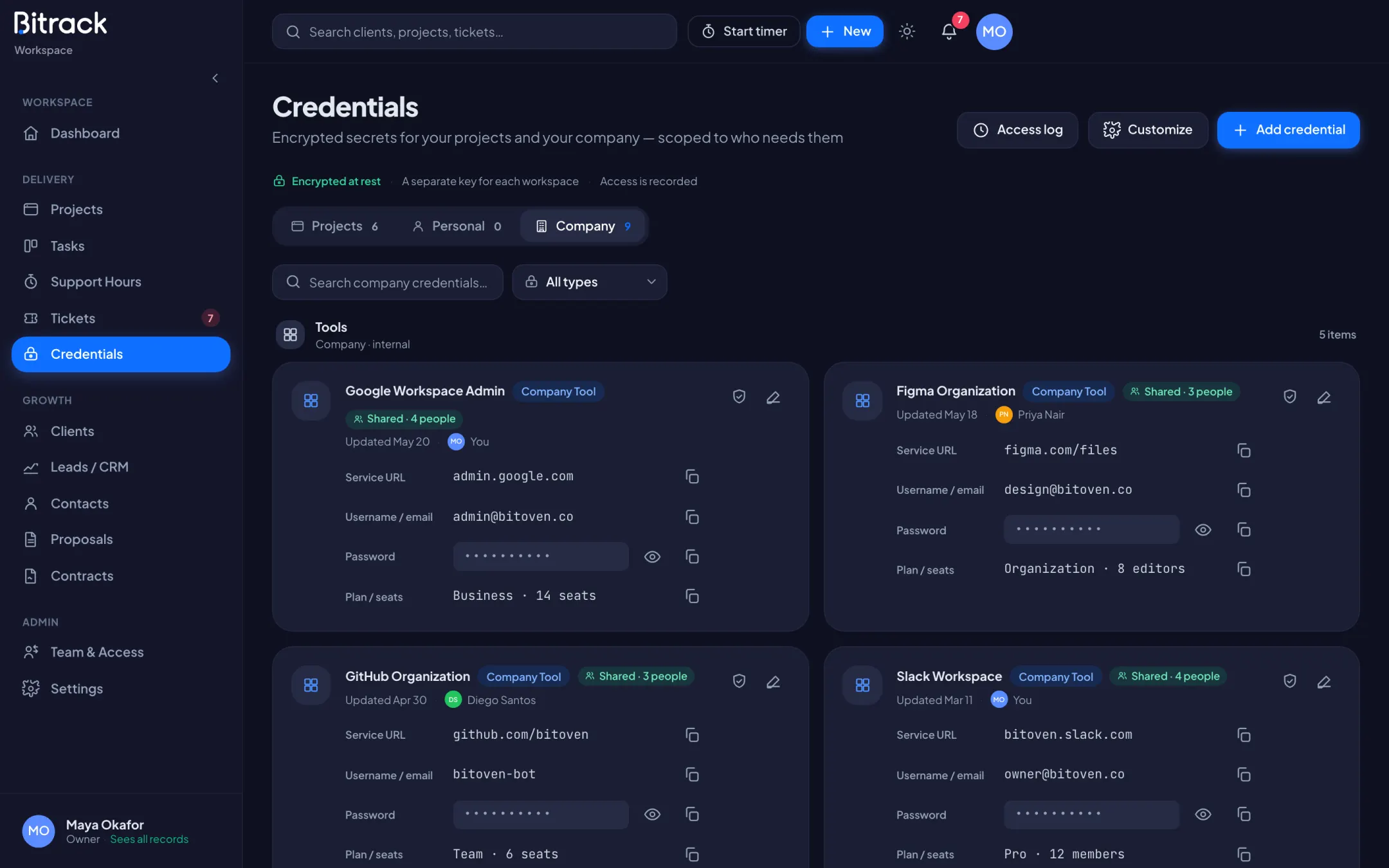 Bitrack credentials vault in dark mode