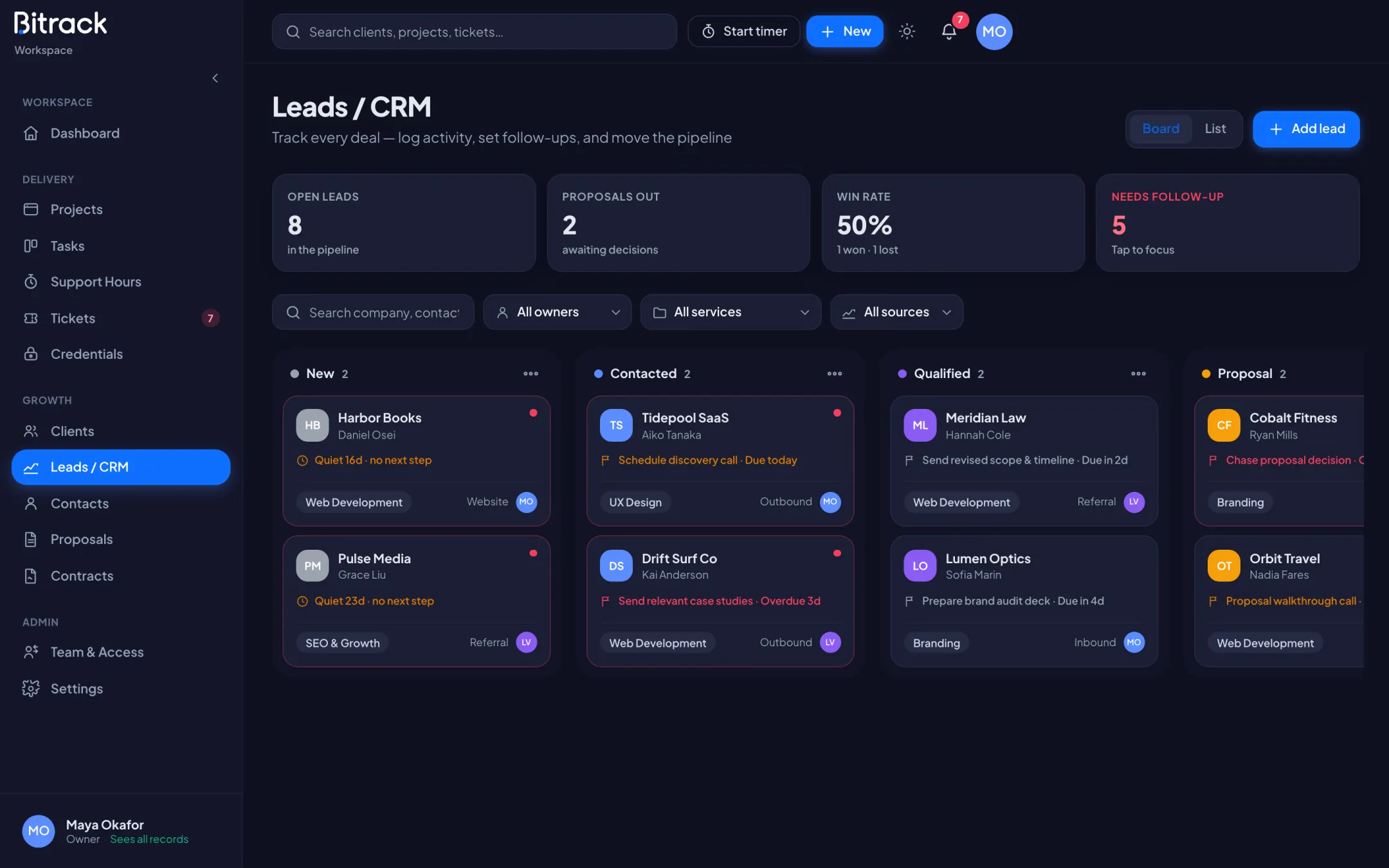 Bitrack leads & crm in dark mode