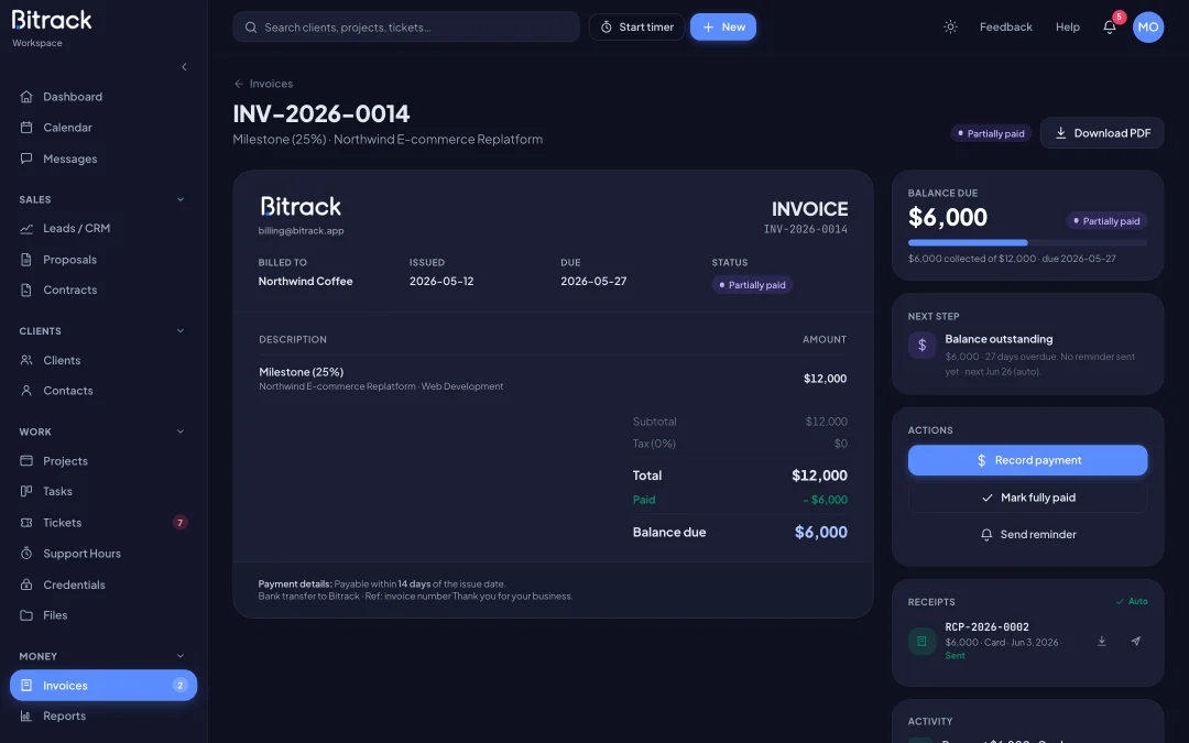 Proposals, agreements and invoices, all in reach (dark mode)