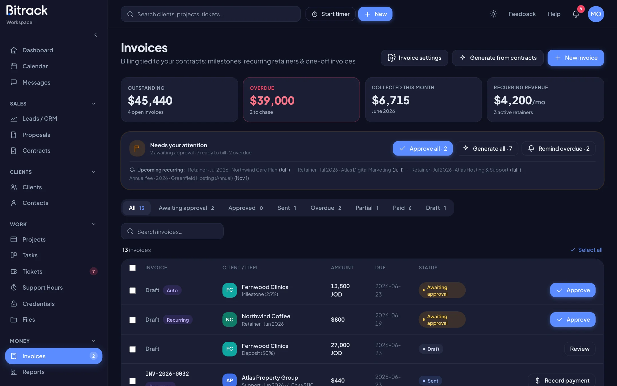 Bitrack invoicing screen, dark mode