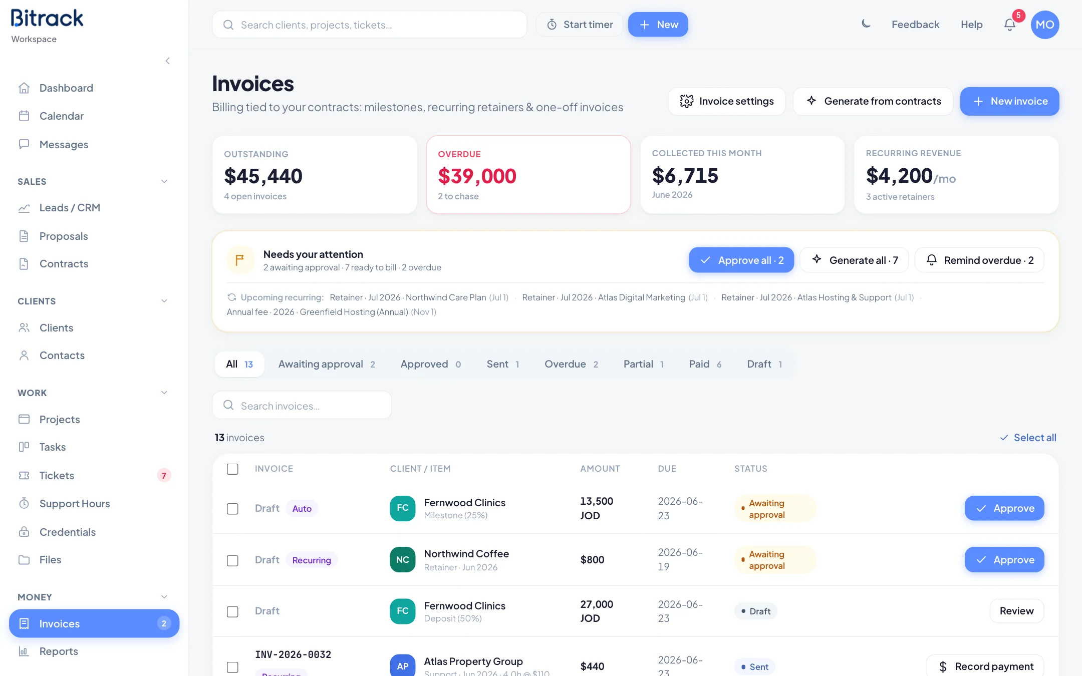 Bitrack invoicing screen