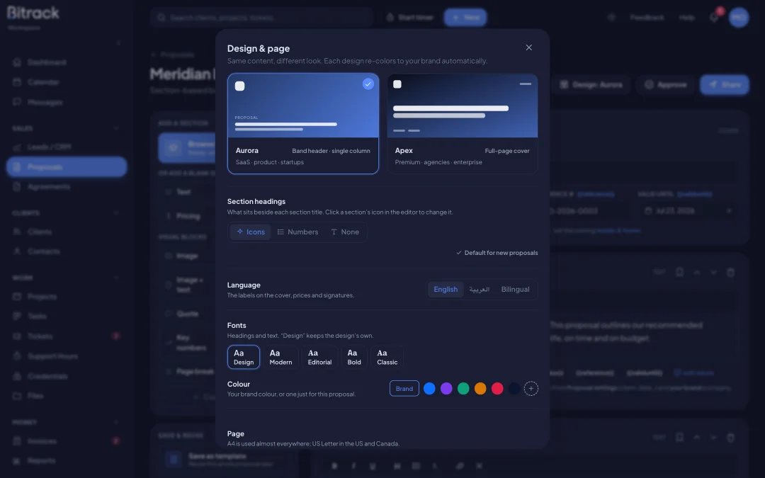 A proposal that looks like your agency made it (dark mode)