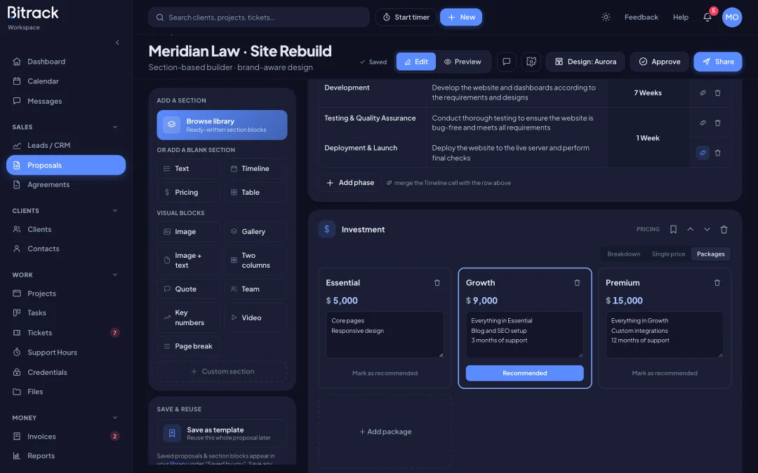 Let clients pick the package and the extras (dark mode)