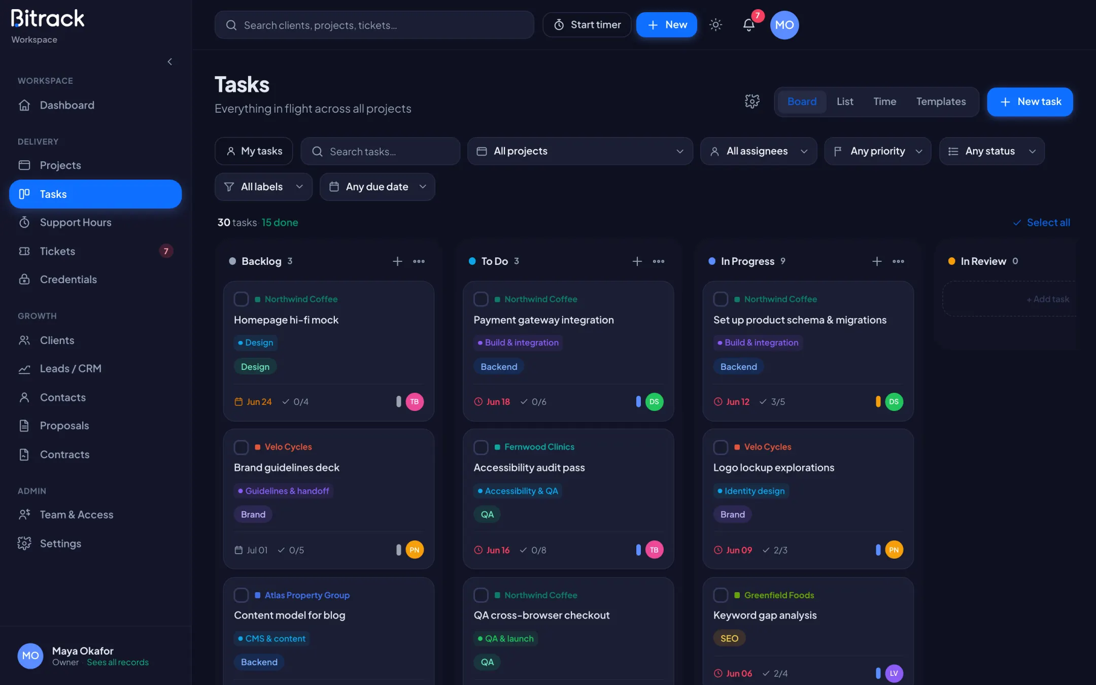 Bitrack projects & tasks in dark mode